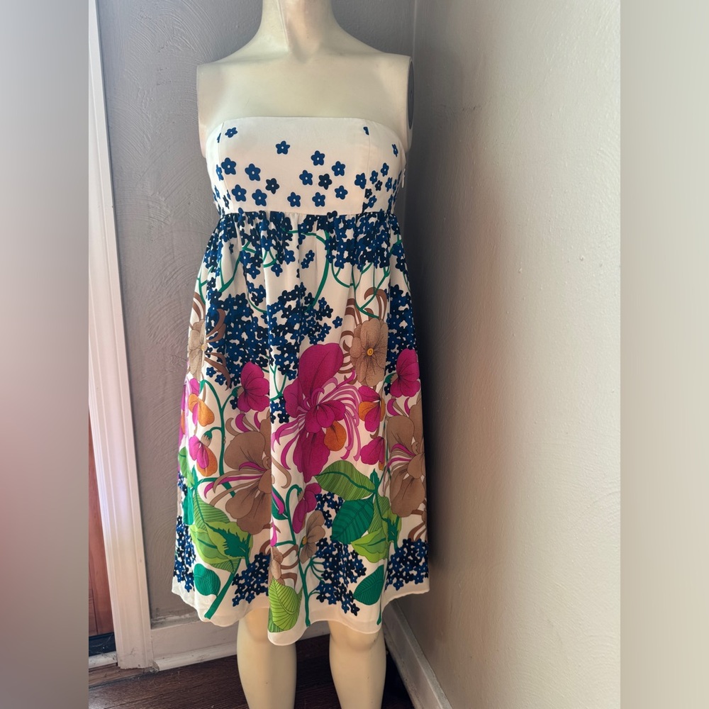 Tibi floral silk strapless tie-back dress, botanical print, size 2